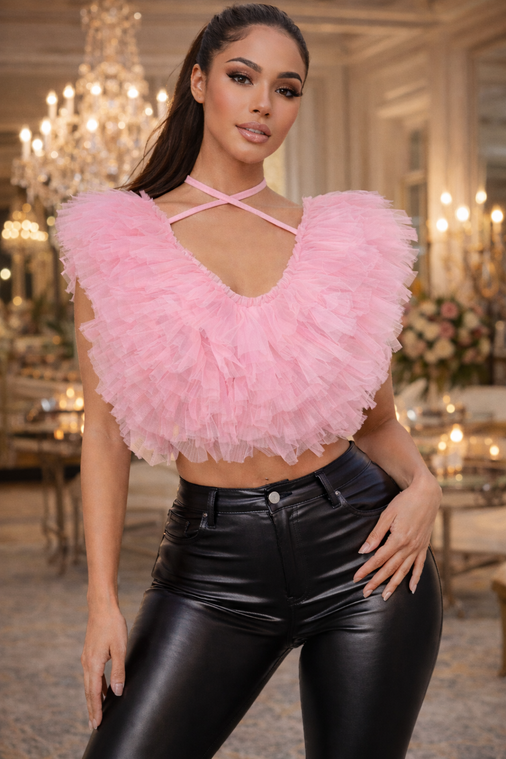 V Neck Sleeveless Ruffle Crop Top