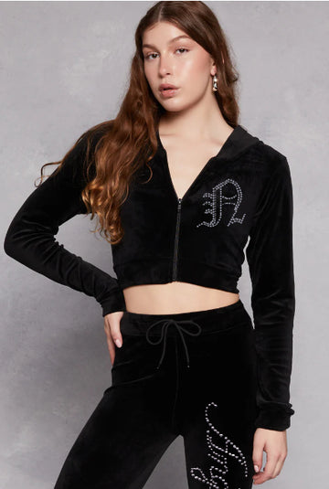 Angel Velour Rhinestone Cropped Hoodie Set