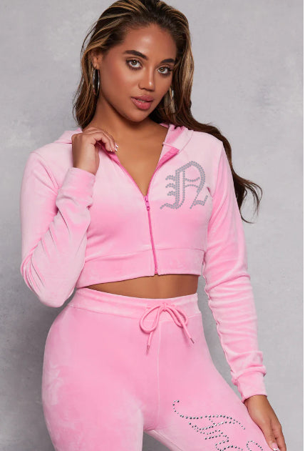 Angel Velour Rhinestone Cropped Hoodie Set AWESOME CONCEPT INC