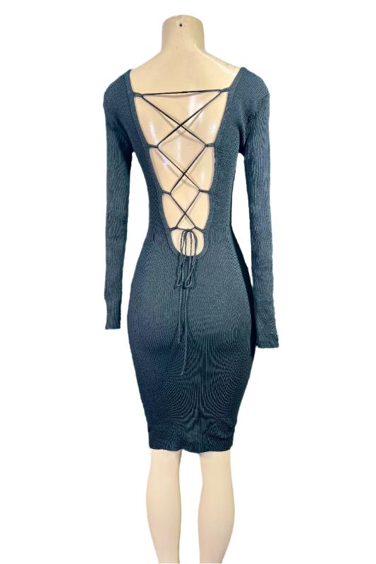 Ribbed, Long Sleeve Dress with Low Cut, Lace Up Back