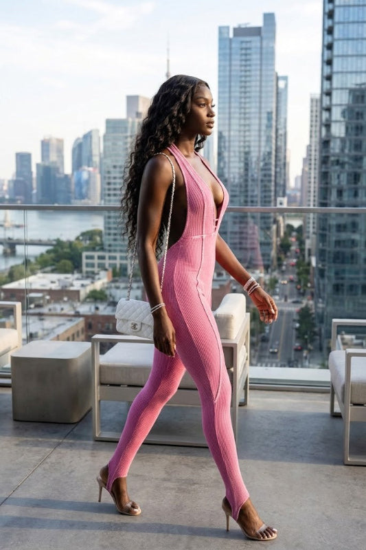 Mineral Wash Deep-V Halter Open Back Stirrup Jumpsuit