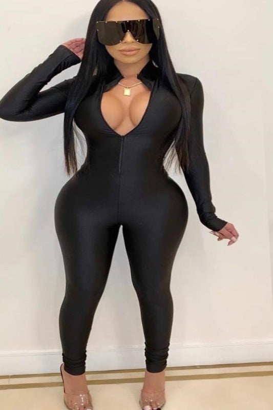 Mock Neck Shiny Tricot zipper Jumpsuit