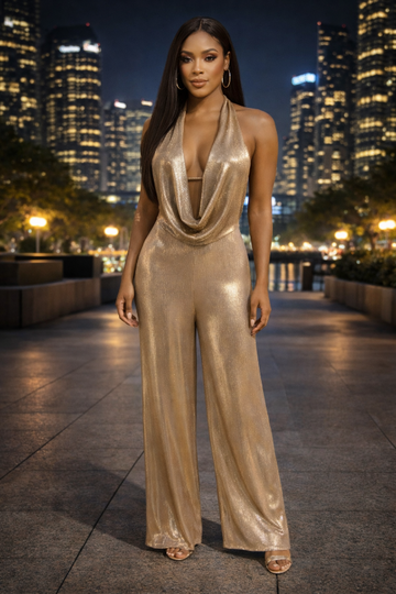 Metallic Gold Halter Jumpsuit With Cross Back