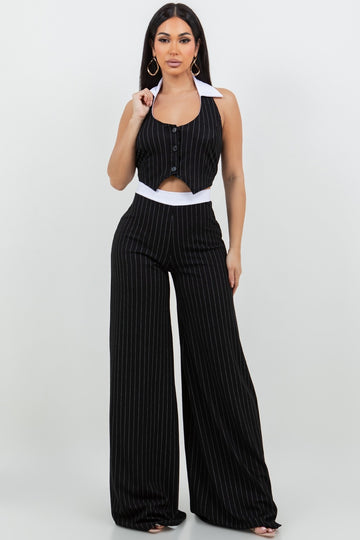 Pinstripe Collared Top and Pant Set