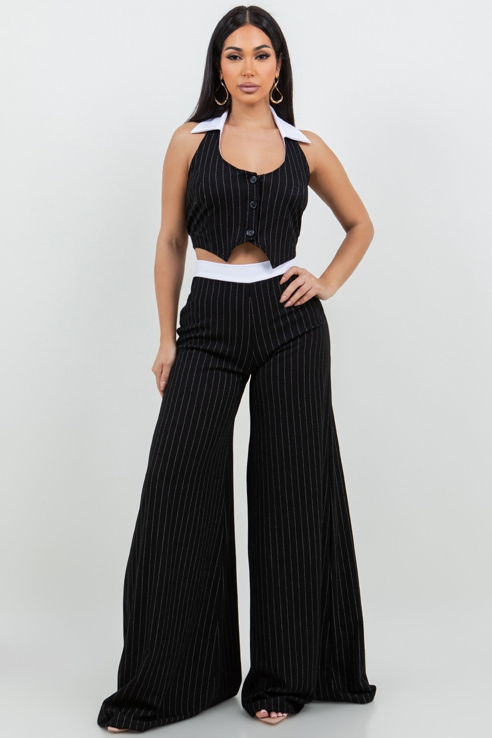 Pinstripe Collared Top and Pant Set