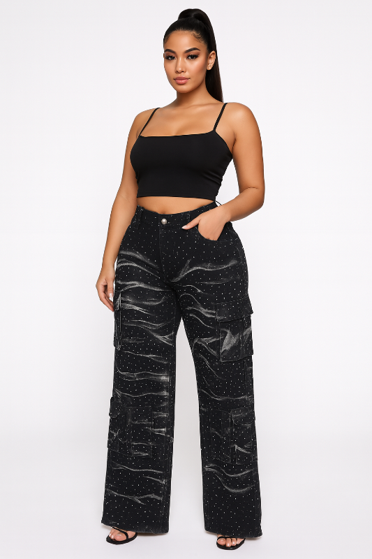 Rhinestone Multi Pocket Wide Leg Jeans