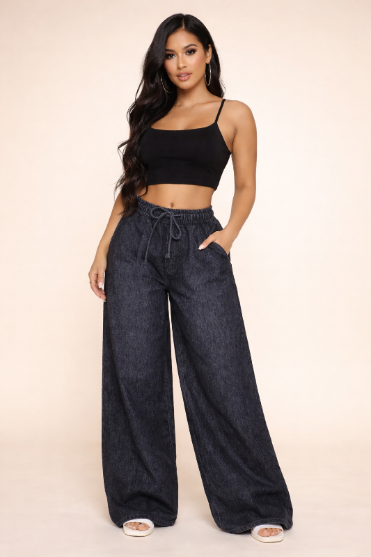 Black Wash Drawstring Wide Leg Pull On Jeans