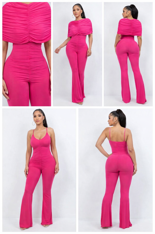 Fuchsia Ruched Contour Flare Leg Jumpsuit