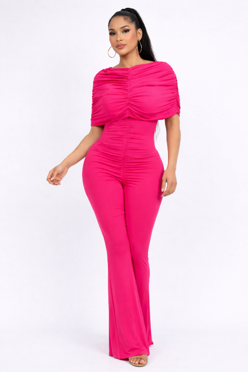 Fuchsia Ruched Contour Flare Leg Jumpsuit