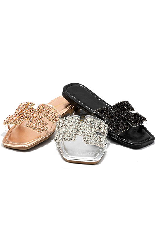 Crystal Stone H-Cutout Band Flat Sandals