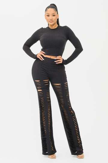 L/S Top Elastic And Lacer Cut Detail Pants Set