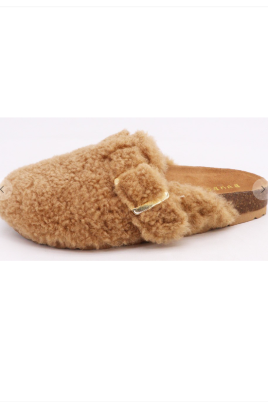 Black Fuzzy Gold Buckle Closed Toe Mule Slippers