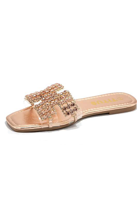 Crystal Stone H-Cutout Band Flat Sandals