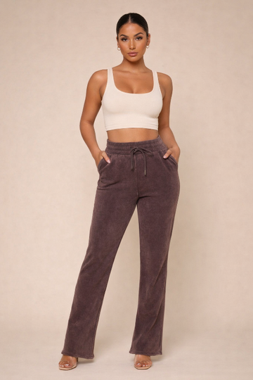 Mauve Washed Velour Drawstring Flare Sweatpants