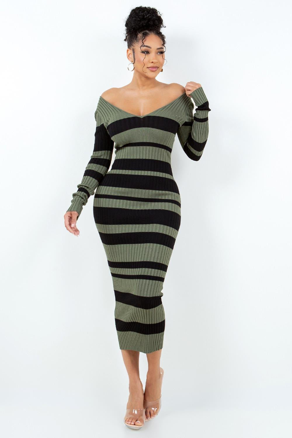 V Cut Off Shoulder Striped Dress