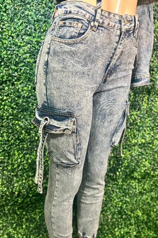 Acid Wash Cargo Jeans - Blue