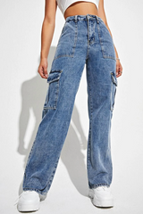 High Rise Blue Cargo Jeans
