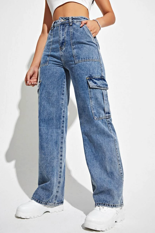 High Rise Blue Cargo Jeans