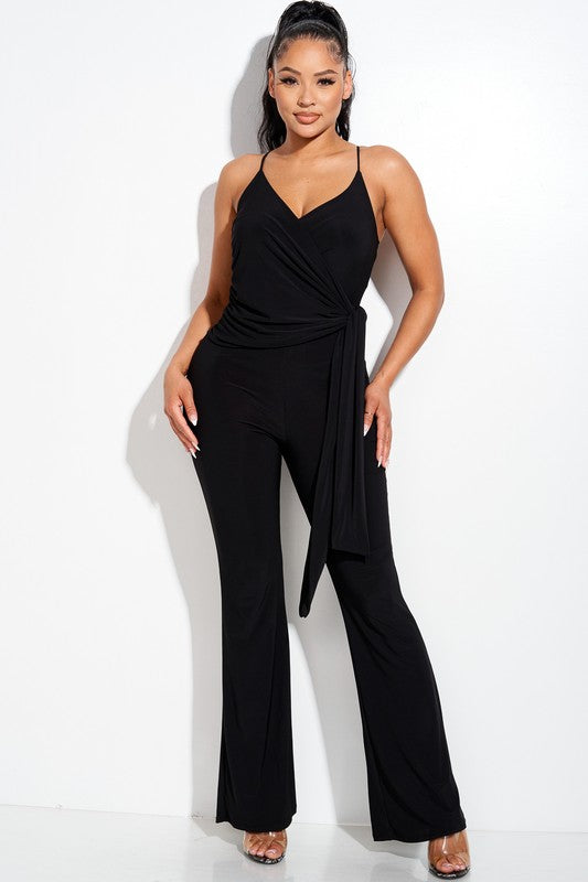Wide Leg Spaghetti Strap Jumpsuit with Waist Tie