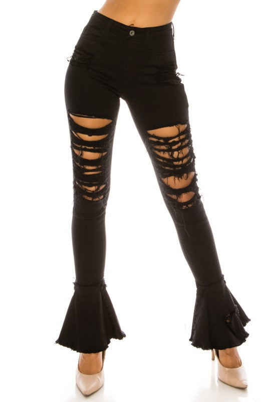 Destroyed Denim Jeans with Flared Leg Bottom
