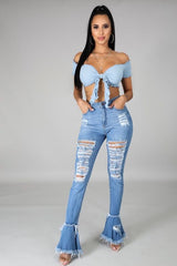 Destroyed Denim Jeans with Flared Leg Bottom