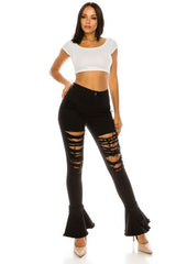 Destroyed Denim Jeans with Flared Leg Bottom