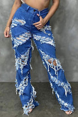 High Rise Loose Fitting Jeans with Frayed Diagonal Leg
