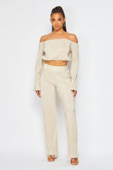 Off Shoulder Plisse Pants Set
