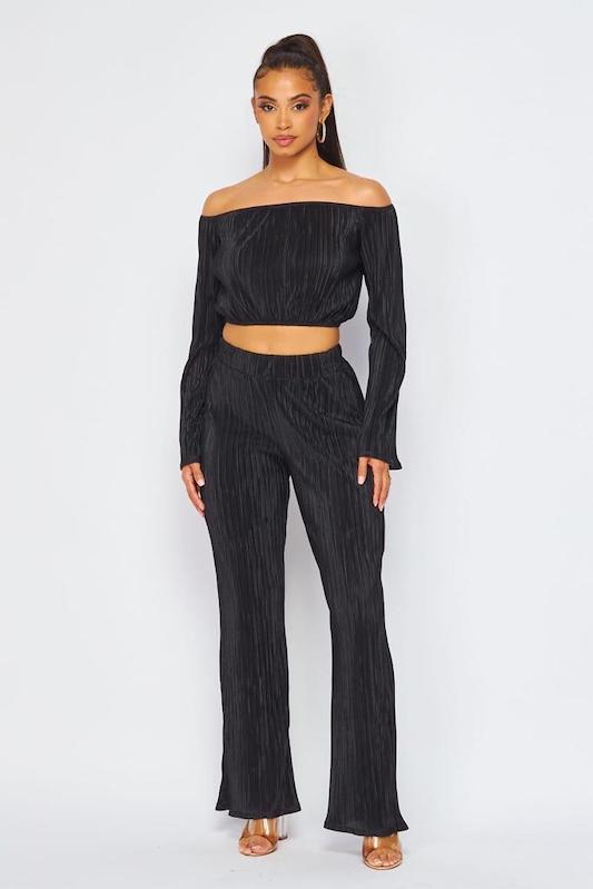Off Shoulder Plisse Pants Set