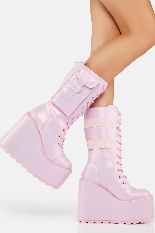 PU Platform Combat Wedge Boots