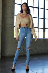 High Waisted Skinny Jeans with Distressed Details