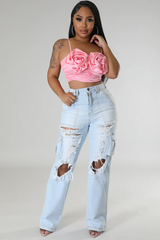 Bloom Flower Appliqué Satin Top