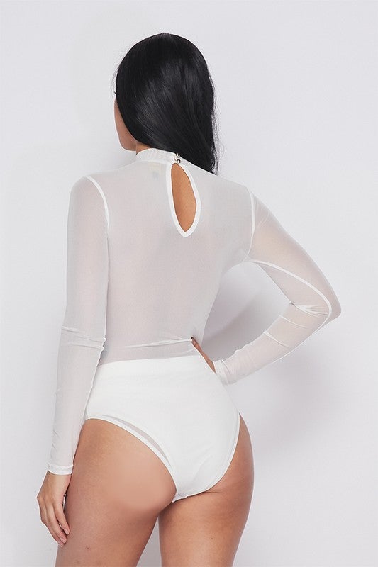 Mock Neck Mesh Bodysuit with Buttons at Back