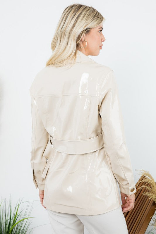 Patent Vegan Leather Solid Jacket with Belt