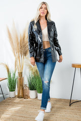 Patent Vegan Leather Solid Jacket with Belt