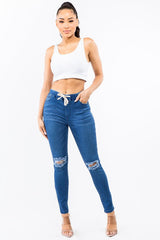 High Rise Waist Band Knee Slit Skinny Jean