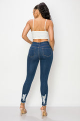 High Rise Destroyed Fray Hem Skinny Jeans