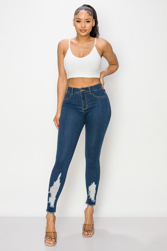 High Rise Destroyed Fray Hem Skinny Jeans