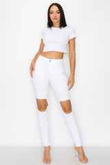 High Rise Knee Hole Frayed Hem Skinny Jean