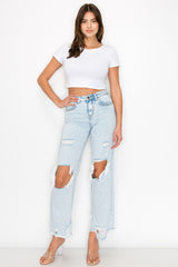 High Rise Destructed Hem Straight Leg Jeans
