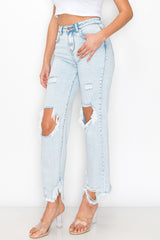 High Rise Destructed Hem Straight Leg Jeans