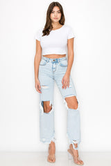 High Rise Destructed Hem Straight Leg Jeans