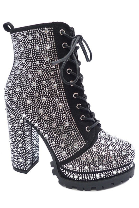 Rhinestone Studded Lace Up Bootie
