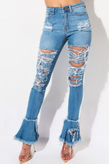 Destroyed Denim Jeans with Flared Leg Bottom