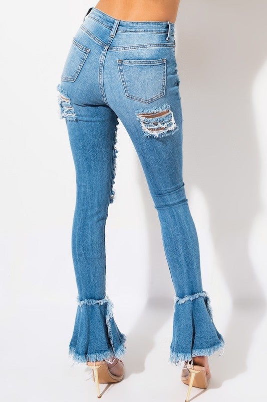 Destroyed Denim Jeans with Flared Leg Bottom